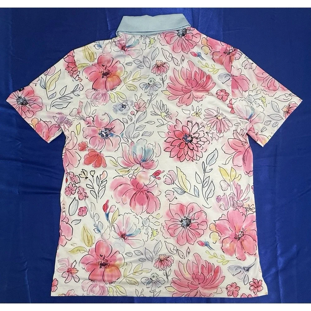 Yatta Golf Polo Men's Small Shirt Watercolor Floral Flowers Stretch UV Colorful
